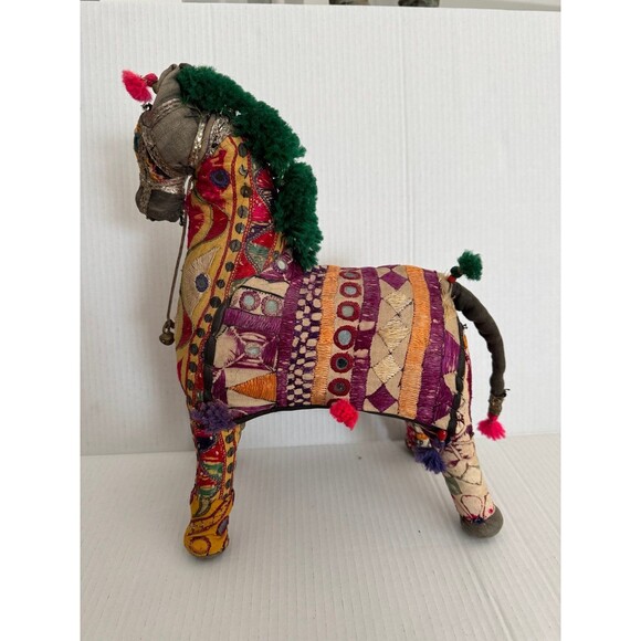 Vintage Mid Century Indian Handmade Rajasthani Fabric Patchwork Horse Folk Art - Picture 2 of 9